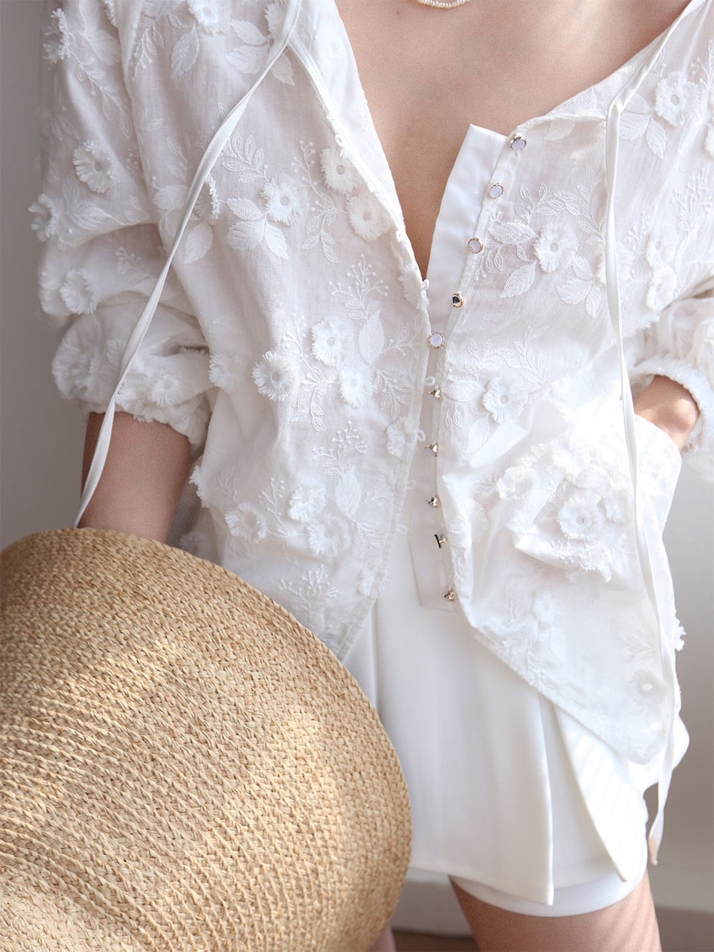 Commense Elegant Over-sized White Floral Embroidered Button-Front Top